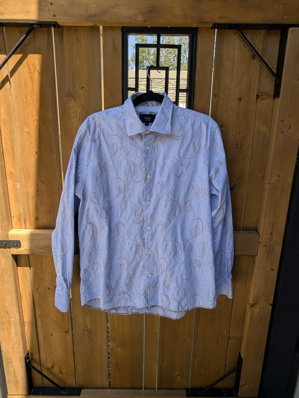 Tallia Blue and White Striped Gold Paisley Embroidered Button Down